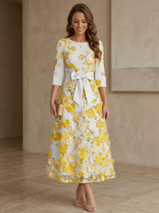 A Line Princess Scoop Satin Mother Of The Bride Dresses With Bowknot Lace Floral 3 4 Sleeves Tea Length