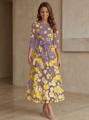 A Line Princess Scoop Satin Mother Of The Bride Dresses With Bowknot Lace Floral 3 4 Sleeves Tea Length