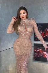 Chic High Neck Mermaid Long Sleeves Sequins Long Formal Dress With Pleated