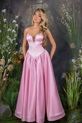 Pink Strapless Sleeveless A Line Long Formal Dress With Appliques