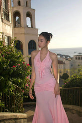 Sleeveless Halter V Neck Long Mermaid Formal Dress With Pleated