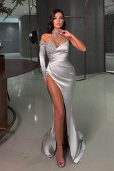 One Shoulder Long Sleeve Mermaid Split Long Formal Dress With Beading