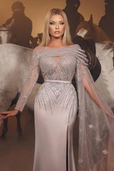 Heavy Formal Dress Sequins With Belt One Sleeve Long Satin Slit Tulle