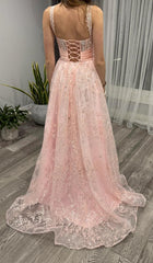 Blush Pink Glitter Lace A-Line Prom Dress Sweetheart Illusion Boned Corset Pearl Straps Satin Bow Belt Sweep Train Ball Gown