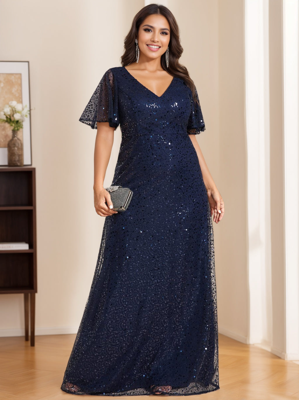 A Line Princess V Neck Short Sleeves Floor Length Sequined Mother Of The Bride Groom Dresses