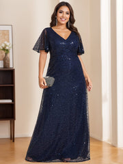 A Line Princess V Neck Short Sleeves Floor Length Sequined Mother Of The Bride Groom Dresses