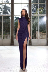 Simple Sleeveless Formal Dress Royal Blue High Neck With High Slit