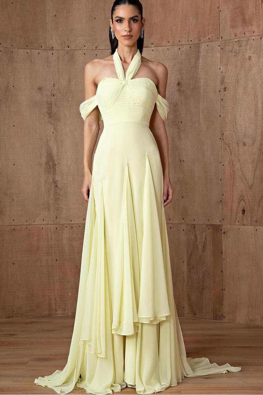 Halter Off the Shoulder Sleeveless Long Formal Dress With Ruffles