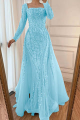 Square Neck Long Sleeves Long Mermaid Formal Dress With Beading Tulle