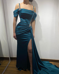 Ink Blue Formal Dress Spaghetti Strap With Sleeveless High Split