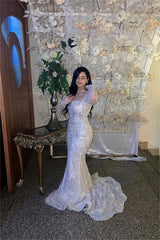 Charming Square Long Sleeves Mermaid Long Formal Dress With Bead Embroidery