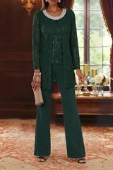 3 Pieces Chiffon Jewel Neck Mother of the Bride Pantsuits with Jacket Lace Ankle-Length Half Sleeves