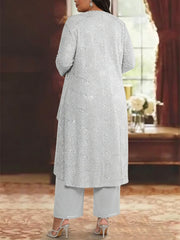 3 Pieces Chiffon Sequins Scoop Plus Size Mother of the Bride Pantsuits with Jacket Long Sleeves Ankle-Length