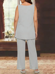 3 Pieces Chiffon Sequins Scoop Plus Size Mother of the Bride Pantsuits with Jacket Long Sleeves Ankle-Length