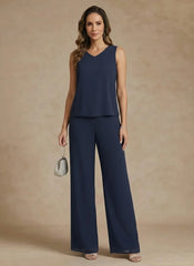 3 Pieces Scoop Chiffon Mother of the Bride Pantsuits with Jacket Lace Ankle-Length Floral 3/4 Sleeves