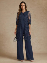 3 Pieces Scoop Chiffon Mother of the Bride Pantsuits with Jacket Lace Ankle-Length Floral 3/4 Sleeves