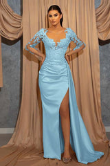 Deep V Neck Beads Long Sleeves Lace Appliques Pleated Formal Dress With Ruffles
