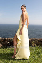 Halter Backless Sleeveless High Split Long Formal Dress With Ruffles