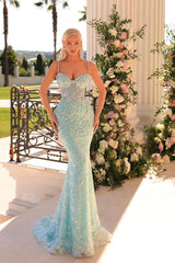 Spaghetti Strap Sleeveless Mermaid Appliques Long Formal Dress With Beadings