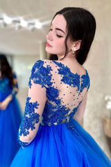 Royal Blue Long Sleeves Tulle A Line Long Formal Dress With Appliques Amazing