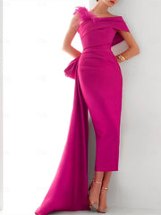 Sheath Column One Shoulder Sleeveless Sweep Brush Train Evening Gown Elegant Dress Formal Satin With Feather Bow S