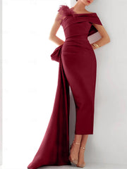 Sheath Column One Shoulder Sleeveless Sweep Brush Train Evening Gown Elegant Dress Formal Satin With Feather Bow S