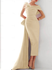 Sheath Column One Shoulder Sleeveless Sweep Brush Train Evening Gown Elegant Dress Formal Satin With Feather Bow S