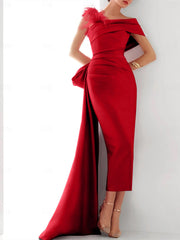 Sheath Column One Shoulder Sleeveless Sweep Brush Train Evening Gown Elegant Dress Formal Satin With Feather Bow S