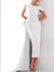 Sheath/Column One Shoulder Sleeveless Sweep/Brush Train Evening Gown Elegant Dress Formal Satin with Feather Bow(s)
