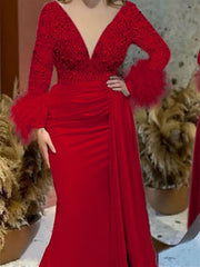 Mermaid Trumpet V Neck Long Sleeve Court Train Mother Of The Bride Dresses Satin With Feather Glitter Ruched