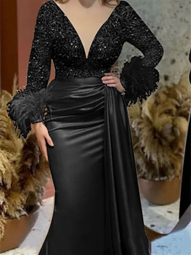 Mermaid Trumpet V Neck Long Sleeve Court Train Mother Of The Bride Dresses Satin With Feather Glitter Ruched