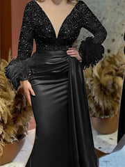 Mermaid Trumpet V Neck Long Sleeve Court Train Mother Of The Bride Dresses Satin With Feather Glitter Ruched