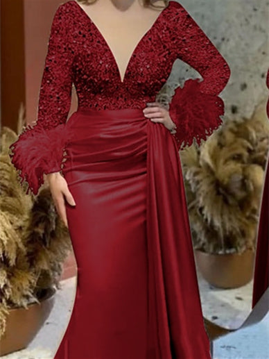Mermaid Trumpet V Neck Long Sleeve Court Train Mother Of The Bride Dresses Satin With Feather Glitter Ruched