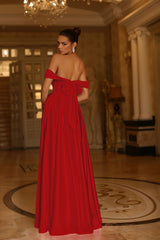 Off the Shoulder Satin Gown With A Line And Side Pockets Formal Dress