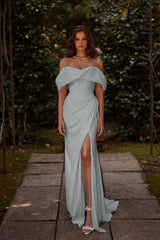 Off the Shoulder Sleeveless Long Mermaid Formal Dress With Split Pleated