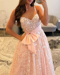 Blush Pink Glitter Lace A-Line Prom Dress Sweetheart Illusion Boned Corset Pearl Straps Satin Bow Belt Sweep Train Ball Gown