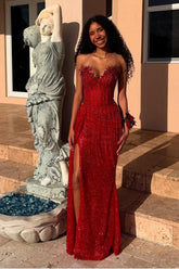 Red Strapless Sleeveless Long Mermaid Formal Dress With Sequins Split