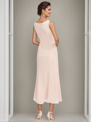 Sheath Column Jewel Neck Tea Length Mother Of The Bride Dresses With Jacket Beading