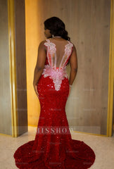 Gorgeous Long Red Mermaid Sequined Sleeveless Prom Dress with Veil