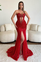 Dusty Rose Sweetheart Sleeveless Strapless Long Split Formal Dress With Beading