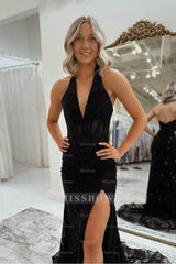 Black Halter Sleeveless V Neck Mermaid Long Formal Dress With Split