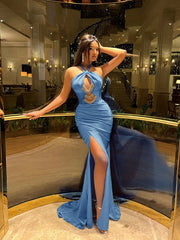 Halter Sleeveless High Split Long Formal Dress With Pleated Beading