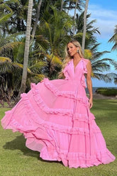 Halter Sleeveless Backless Long Formal Dress With Pleated Ruffles