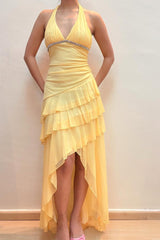 Halter V Neck Sleeveless Long Formal Dress With Pleated Beading