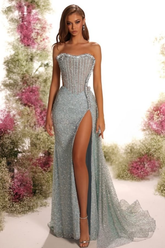 Strapless Sleeveless Long Split Formal Dress With Pleated Sequins