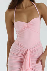 Pink Halter Sweetheart Sleeveless Pleated Long Formal Dress With Ruffles