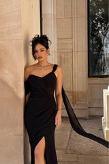 Black One Shoulder Sleeveless Split Mermaid Long Ruffles Formal Dress