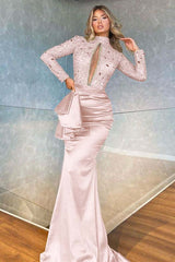 High Collar Long Sleeves Mermaid Pleated Sequins Formal Dress With Beadings