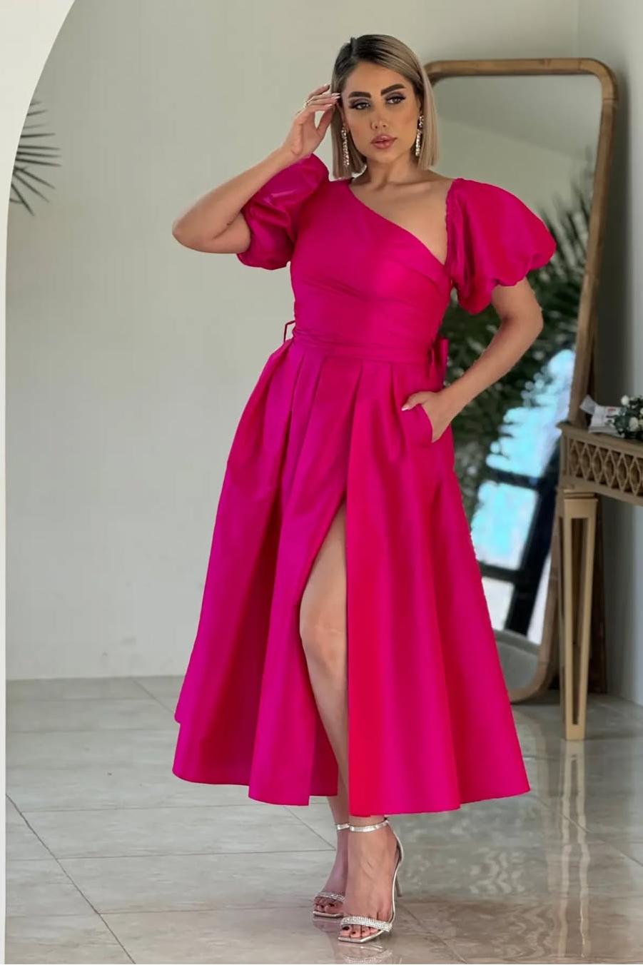 One Shoulder Bubble Sleeves A Line Formal Dress With Split Pockets