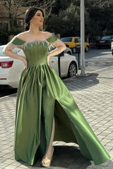 Off the Shoulder Sleeveless Long Split Formal Dress With Beading